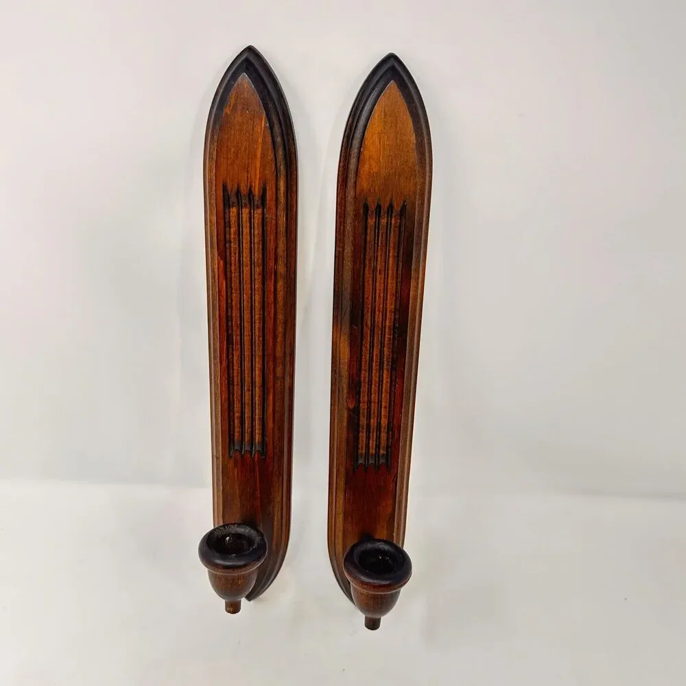 Vintage Wood Wall Candle Sconces Pair Gothic Arch Mid Cen Fluted Taper Holders